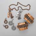 Frank rebaje modernist copper or coil jewelry eight pieces two copper open cuffs with applied coil 2 two african queen pendants cast and constructed each with companion coil earrings in copper o
