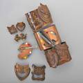 Rebaje copper jewelry ten pieces six tragedy and comedy pieces includes two cuff bracelets 2 wide accommodates 6 12 two brooches largest 2 12 x 2 and a pair of earrings 1 x 1 four 