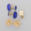 Yellow gold cufflinks and a tie tack five pieces 14k gold and lapis fixed double cufflinks larter bros 14k gold anchor and coiled chain hinged cufflinks 18k gold and diamond big apple tie tack