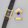 18k and 22k gold jewelry and watch three pieces ladies lephare 18k tank watch with black dial dark brown textured leather strap approx 25 x 20 mm 7  with strap 22k yg ring band size 9 sing