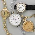 Four ladies mechanical wristwatches sterling cased swiss jeweled with enameled dial elgin gf with gilt dial swiss 14k yg octagonal watch with gf bracelet elgin gf gold colored dial 19151