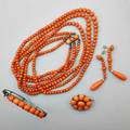 Assembled suite victorian coral bead jewelry five pieces three concentric graduated 9437 mm strands necklace 20 coral bead earrings mounted on screw back post suspending coral teardrop drops