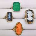 Four art deco carved hardstone 14k gold rings two wg filigree rings with rectangular hardstone cameos rectangular engraved chrysoprase and wg coral cameo in yg sizes 4 12  6 12 98 dwt