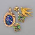 Group of naturalistic gold or enamel jewelry five pieces in yellow gold victorian pendant and brooch silver topped gold lady bug with split pearl set body ruby eyes and rose cut diamond antennae p