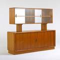 Dyrlund tambour cabinet with hutch top denmark 1980s teak mirror glass manufacturer labels cabinet 30 12 x 74 x 19 hutch 33 12 x 69 12 x 14 12