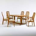Dyrlund extension dining table with two leaves six chairs two arm four side  denmark 1980s teak upholstery manufacturer labels armchair 39 x 22 x 18 table 29 x 20x 42 two 20 leav