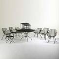 Russell woodard sculptura outdoor set four dining chairs dining table two lounge chairs one set of three nesting tables one side table usa 1950s enameled steel plastic dining chairs 32 12