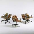 Charles pollock knoll international assembled set of five rolling armchairs new york 1980s chrome and enameled metal steel plastic and leather manufacturers labels 31 x 26 x 28