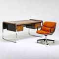 Peter protzman herman miller double pedestal desk together with charles pollock rolling chair usa 1960s chromed steel plastic and wood laminate upholstery manufacturer labels desk 30 x 65