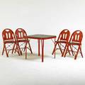 American art deco folding card table and four chairs stenciled and enameled bentwood steel tagged louis rastetter  sons fort wayne in 1926 table 27 x 28 12 sq chairs 32 x 1 12 x 18