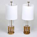 Tommi parzinger attr stiffel lamp co pair of table lamps usa 1960s brass enameled metal and linen foil labels fixtures 49 12 x 9 dia