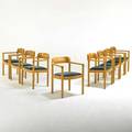 Nicos zographos set of eight ireland dining armchairs new york ny 1962 oak with velvet upholstery metal tags chairs 29 12 x 22 14 x 21