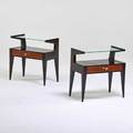 Italian pair of nightstands 1950s burlwood ebonized wood brass glass unmarked 23 x 22 12 x 12