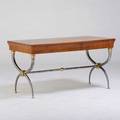 Italian neoclassical twodrawer writing desk c 1950s fruitwood chromed steel brass unmarked 29 12 x 55 x 28