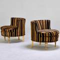 Hollywood regency pair of barrel chairs usa 1950s velvet gold leaf wood unmarked 27 12 x 29 x 30