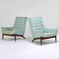 Style of adrian pearsall pair of upholstered lounge chairs usa 1960s upholstery walnut unmarked 36 12 x 34 x 34