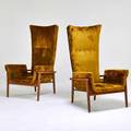 Style of adrian pearsall pair of tallback armchairs usa 1950s walnut crushed velvet unmarked 51 x 29 x 30