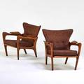 Adrian pearsall kraft assoc pair of armchairs wilkes barre pa 1950s sculpted walnut wool upholstery unmarked 31 x 28 x 31