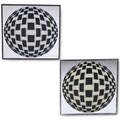 Op art pair of wall mirrors each decorated with a black and white globe second half 20th c mirrored and painted glass aluminum both unmarked 20 14 sq x 14