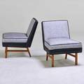 Style of milo baughman pair of slipper chairs usa 1960s walnut upholstery unmarked 28 x 23 12 x 27