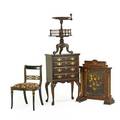American decorative furnishings four items 19th20th c fire screen with painted panels jewelry chest pedestalbase candle stand and ebonized side chair jewelry chest 41 12 x 26 x 18