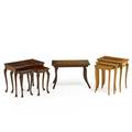 Decorative tables two sets of nesting tables together with a marquetry inlaid side table 20th c largest 22 12 x 27 x 17