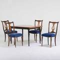 Biedermeyer style four lyreback chairs and dining table 20th c birch ebonized and gilt wood oak velvet upholstery all unmarked table 29 12 x 45 x 33 chair 37 x 17 x 21