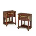Pair of empirestyle fruitwood side tables each with gilt metal mounts 34 gallery and three drawers on columnar supports 20th c 31 x 25 x 15