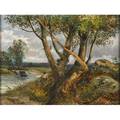 Landscape 20th c oil on canvas of a man fishing under tree framed 14 x 18 14