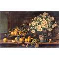 Julius viktor carstens german 18491908 chromolithograph table with fruit and azaleas framed signed in print 23 x 35 sheet