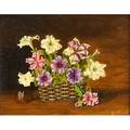 Sondra lipton american 20th c oil on board petunias in a basket framed signed 4 12 x 5 34