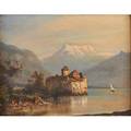 European landscape oil on board of alps with a castle initialed mt 8 14 x 10 12