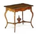 Victorian style center table tulipwood with banded mahogany inlay shaped rectangular top stretcher with urn finial 20th c 29 12 x 33 x 23
