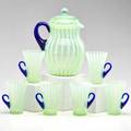 Fry art glass lemonade set comprised of lidded pitcher and six handled cups rochester pa 20th c all unmarked pitcher 11