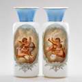 Bristol pair of milk glass vases decorated with putti england ca 1900 unmarked 12 x 4 34 dia
