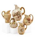 Royal worcester porcelain pitchers five in various forms with painted decoration late 19th c all marked tallest 8 12