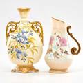 Royal bonn etc royal bonn footed vase with gilded handles and floral decoration together with porcelain pitcher with floral decoration germany ca 1890 both marked taller 10 34