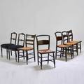 Chair group seven stenciled chairs three hitchcock two ladder back two ballroom 20th c ebonized or stenciled wood all with rush or upholstered seats all unmarked hitchcock 35 x 17 12 x 1
