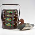 Decorative group four pieces 19th20th c two silk piano shawls asian lacquered sewing box and a duck decoy unmarked tallest 16