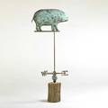 Weathervane pig weathervane in copper with verdigris patina on tree trunk base 20th c unmarked 70 34 x 22
