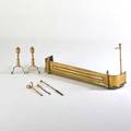 Assembled federal brass fireplace set pair of andirons fender poker and tongs early 19th c andiron 24