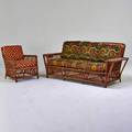 Palecek sofa and armchair san francisco ca 1990s upholstery and reed both with metal labels sofa 36 x 85 x 36