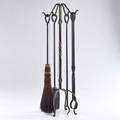Fire tools set of pewterwashed iron fire tools poker broom dustpan tongs and stand 20th c unmarked overall 33 12 x 10 34 dia