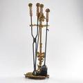 Art nouveau style contemporary set of fire place tools poker tongs brush and stand 20th c brass and iron overall 30 x 9 12 x 7 12