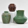 Hampshire north dakota school of mines matte green hampshire vase and cabinet vase with flambe glaze and north dakota school of mines matte brown vase early 20th c all marked tallest 5