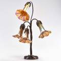 Style of tiffany studios contemporary adjustable fourlight lily lamp with iridescent glass shades patinated metal unmarked as shown 21 12 x 14 dia