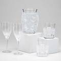 Lalique five pieces bagtelle vase two scarabee highball glasses and two angel flutes france second half 20th c all marked flute 8 14