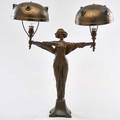 Secessionist desk lamp in the form of a woman ca 1900 patinated metal glass cabochons unmarked 20 12 x 13 12 x 4