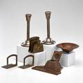 Roycroft heintz etc roycroft patinated copper bookends and letter holder heintz sterlingonbronze pair of candlesticks carl sorensen hammered copper footed bowl copper inkwell with quill holde
