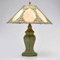 Arts and crafts hexagonal copper table lamp with floral overlay slag glass shade and verdigris patina usa ca 1915 unmarked 22 12 x 22 dia